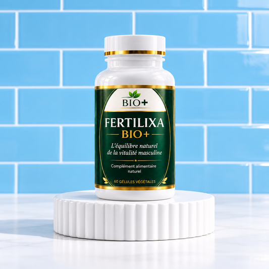 Fertilixia BIO+ sur podium blanc, fond bleu