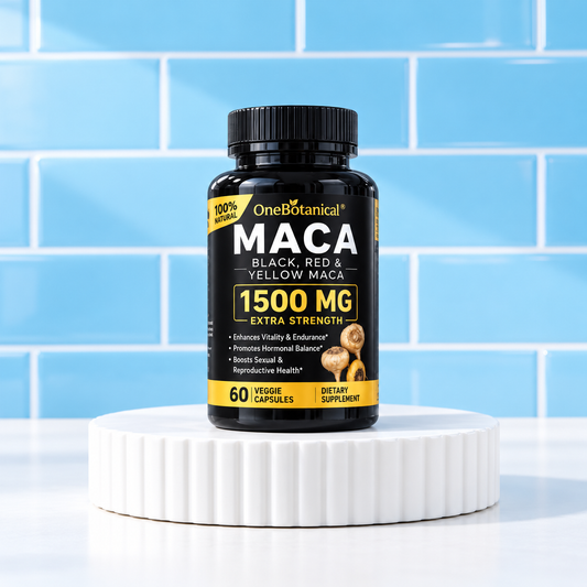 Maca Noir 1500 mg sur podium blanc, fond bleu