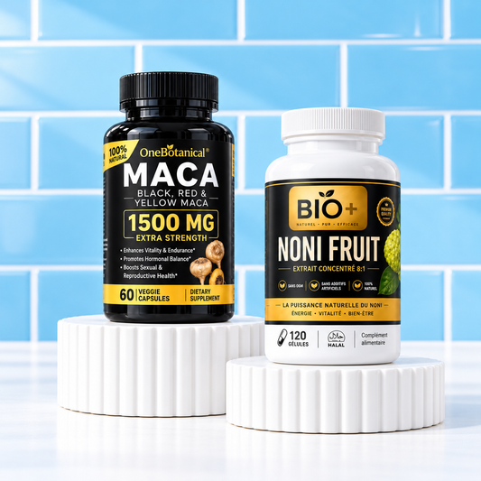 Pack Maca Noir et Noni sur fond bleu