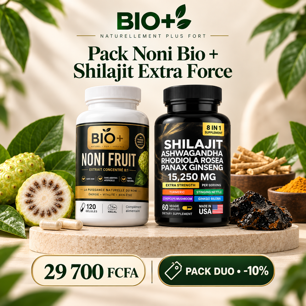 Pack Noni Bio et Shilajit Extra Force Ashwagandha