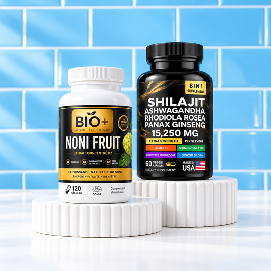 Pack Noni et Shilajit sur fond bleu