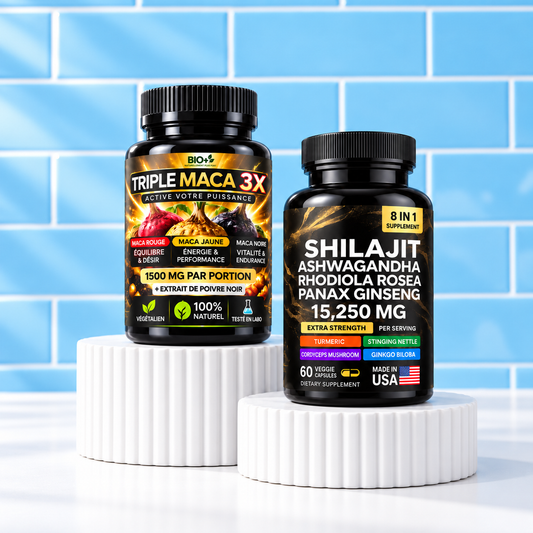 Pack Triple Maca et Shilajit sur fond bleu
