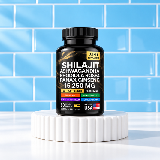 Shilajit Extra Force sur podium blanc, fond bleu