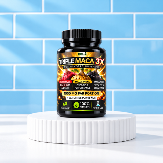 Triple Maca 3X BIO+ sur podium blanc, fond bleu